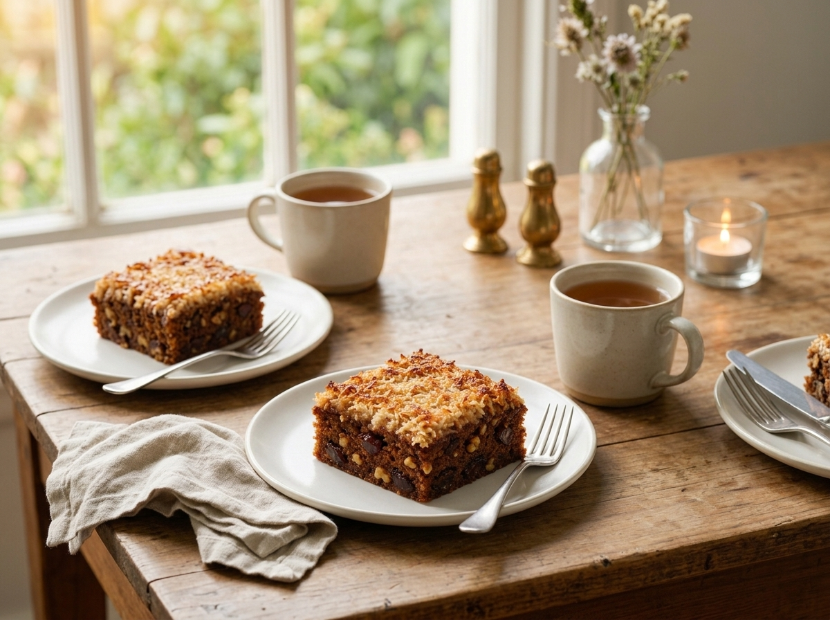 Two plates of Queen Elizabeth cake with forks and mugs of tea on a linen-covered kitchen table