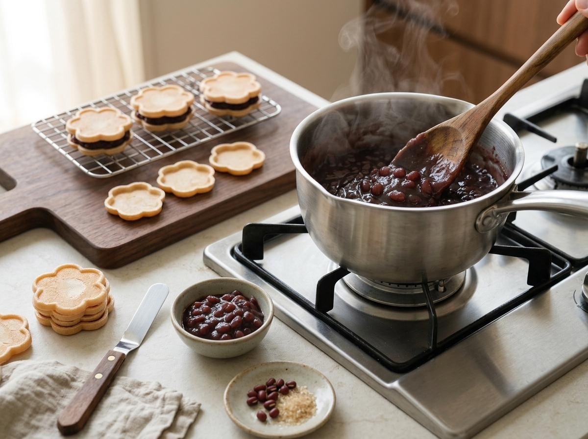 Close-up of red bean paste being mashed with a wooden spoon in a saucepan, thick and glossy from simmering with sugar.
