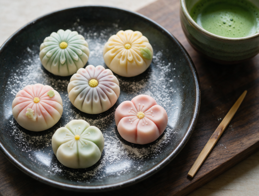 Pastel pink and green nerikiri wagashi shaped as flowers arranged on a dark plate with a bamboo pick