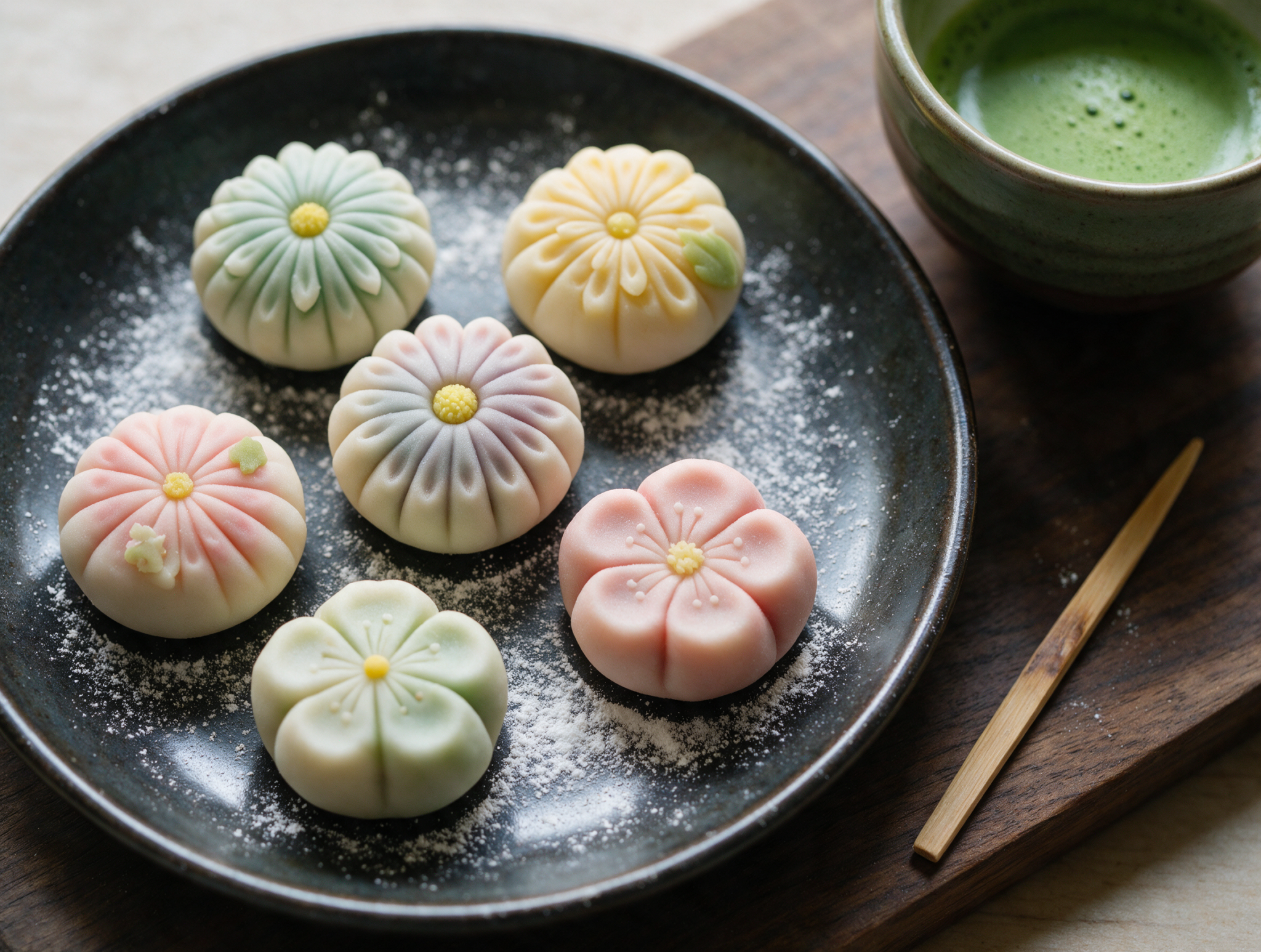 Pastel pink and green nerikiri wagashi shaped as flowers arranged on a dark plate with a bamboo pick