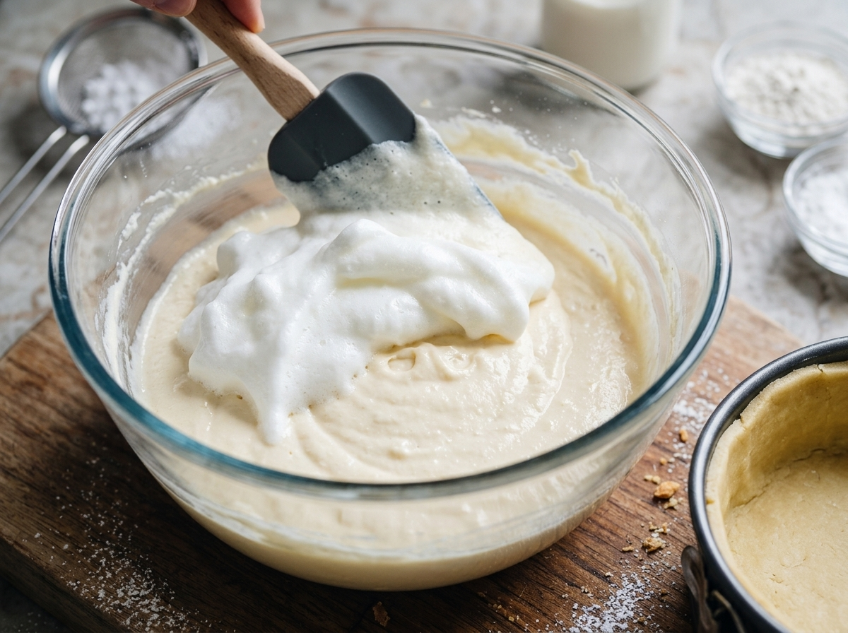 Hands folding whipped egg whites into a goat cheese batter in a glass bowl, with a shortcrust-lined springform pan nearby.