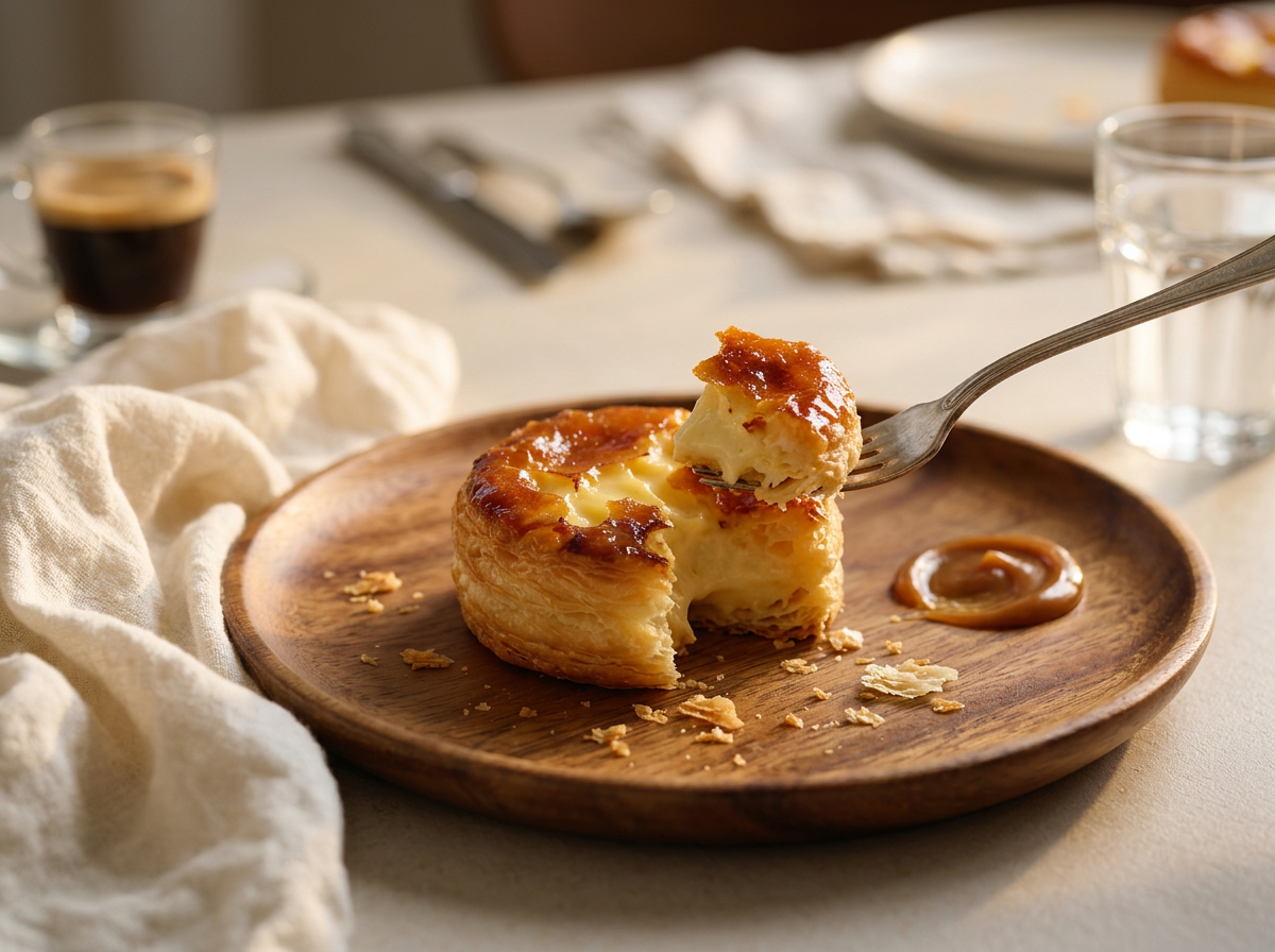 A linen-draped table with one puits d'amour pastry on a dessert plate beside espresso and a silver spoon.