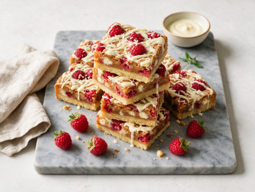 Overhead shot of raspberry white chocolate bars stacked on a marble board, white chocolate drizzle and berry juice visible.