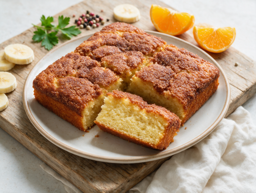 Square banana snack cake slice on a wooden board, cinnamon-sugar crust visible, soft golden crumb, morning light.
