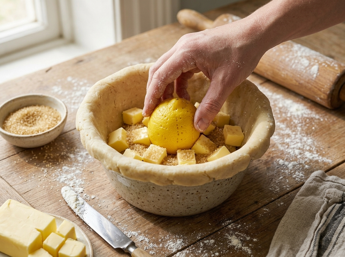 Hands placing a pricked whole lemon into butter and sugar inside a pastry-lined pudding basin before steaming.