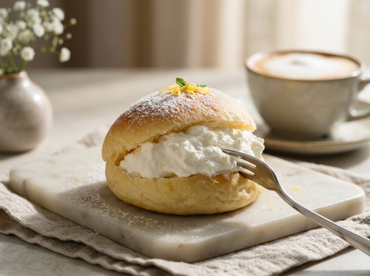 Breakfast table set with maritozzi, a cappuccino, and a linen napkin in soft morning light.