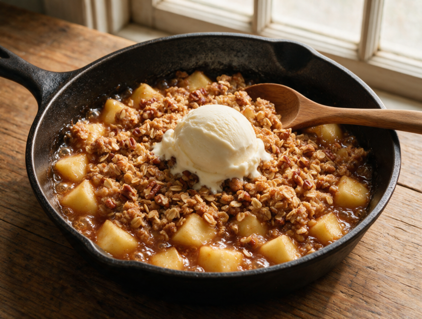 Overhead view of golden oat crumble over cinnamon apples bubbling in a cast-iron skillet with a wooden spoon resting on the edge