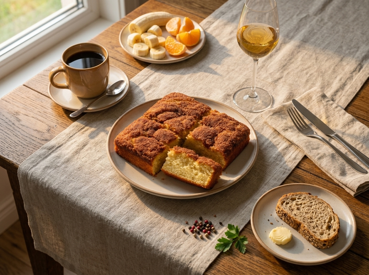 Coffee mug and banana snack cake squares on a linen napkin at a sunlit kitchen table, one slice half-eaten.
