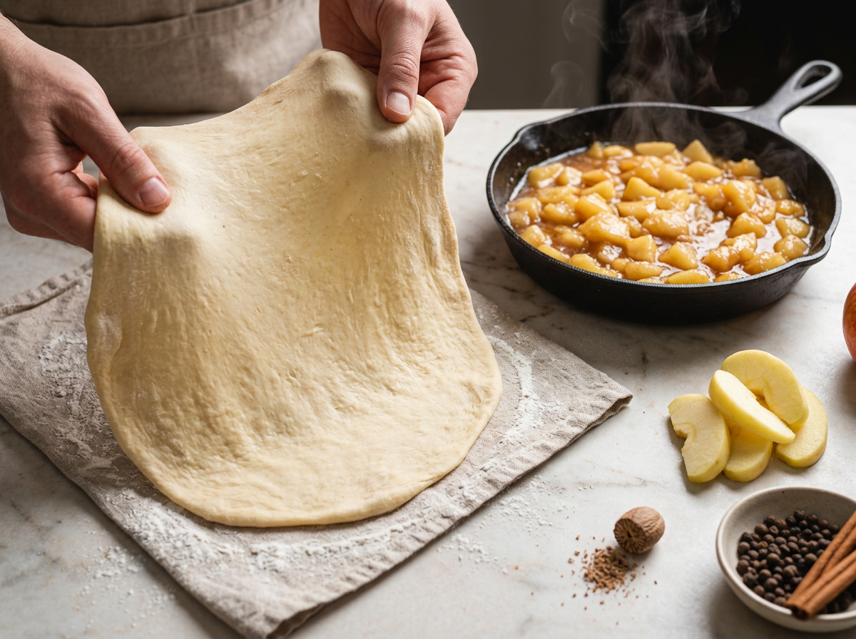 Hands stretching pale pastry dough paper-thin over a floured kitchen towel before laying it over cooked cinnamon apples