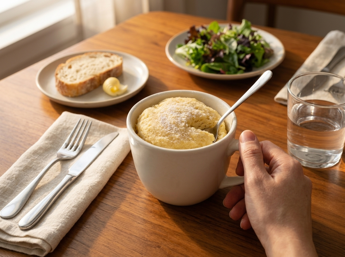 Hands holding a warm mug cake with a spoon at a cozy table beside a cup of coffee