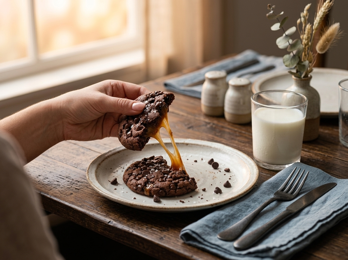 A woman breaking a warm double chocolate caramel cookie in half at a wooden table, milk glass and napkin nearby.