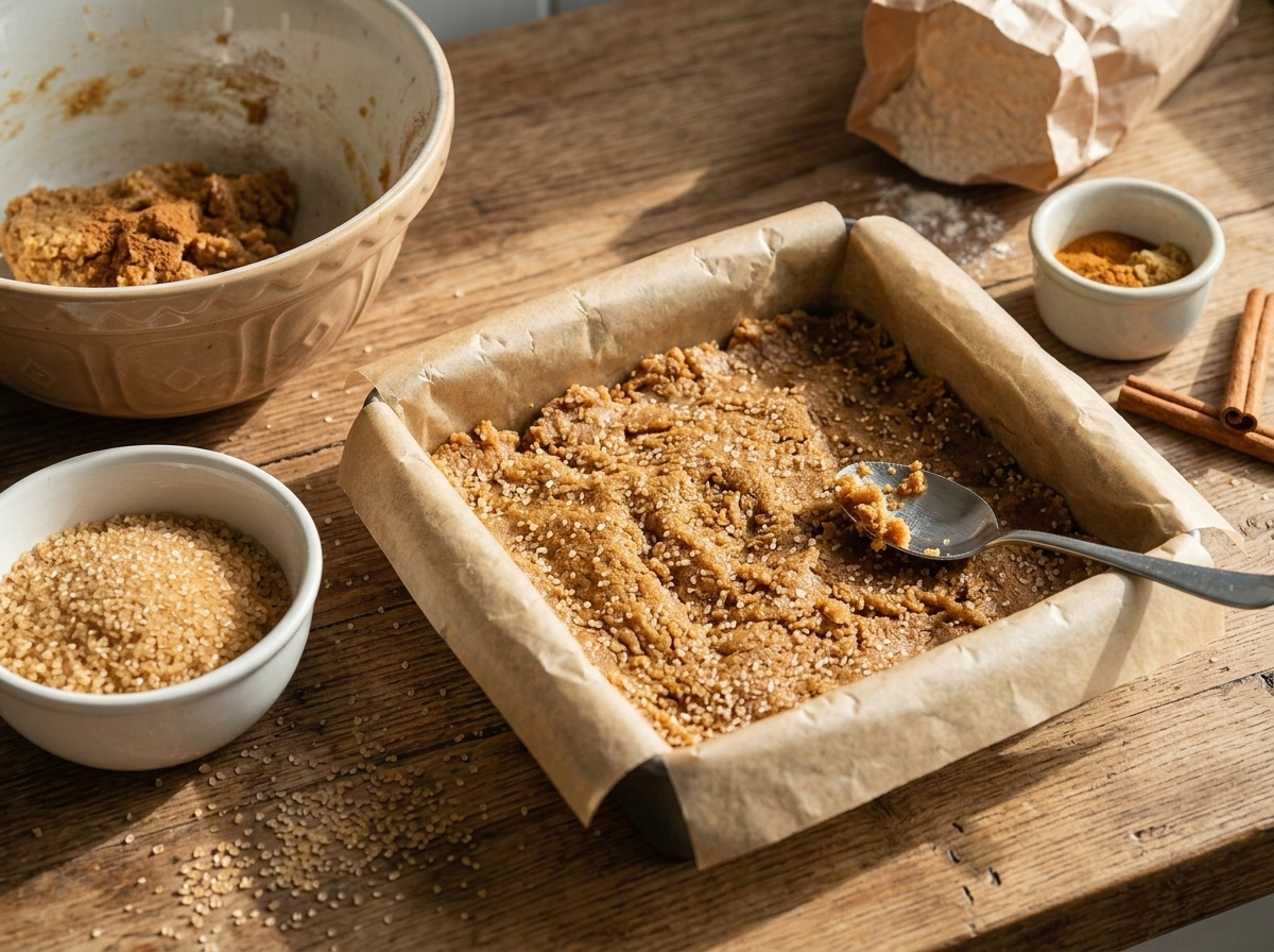 Hands pressing crumbly ginger-spiced dough into a parchment-lined square tin before baking, crumbs visible in the bowl nearby