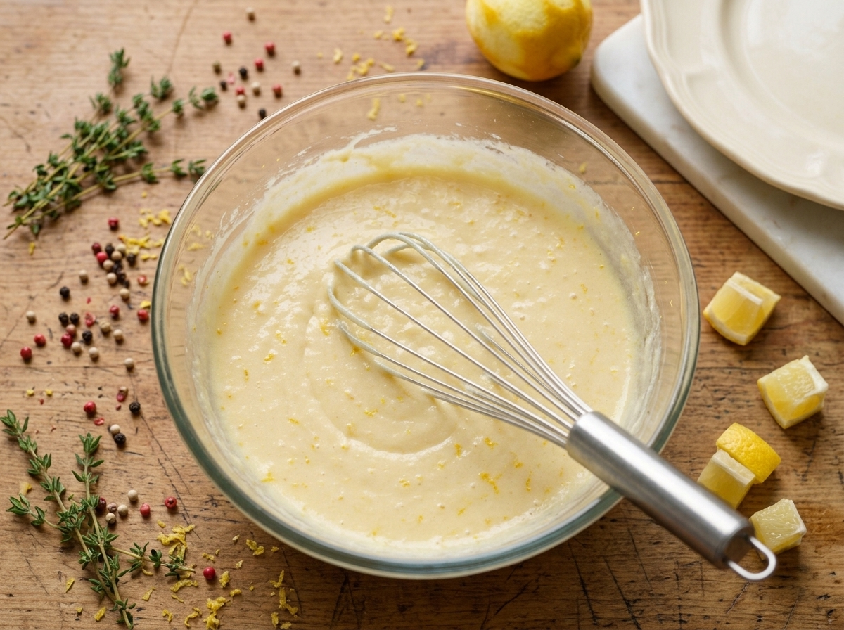 Cook whisking ricotta batter with lemon zest in a glass bowl, yellow flecks visible against a creamy base.