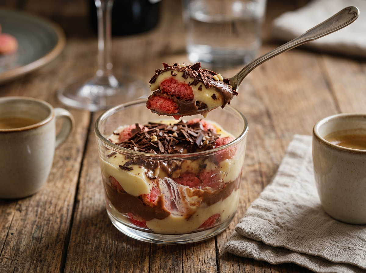 Spoon lifting a portion of zuppa inglese from a glass cup at a table set with espresso and linen napkin