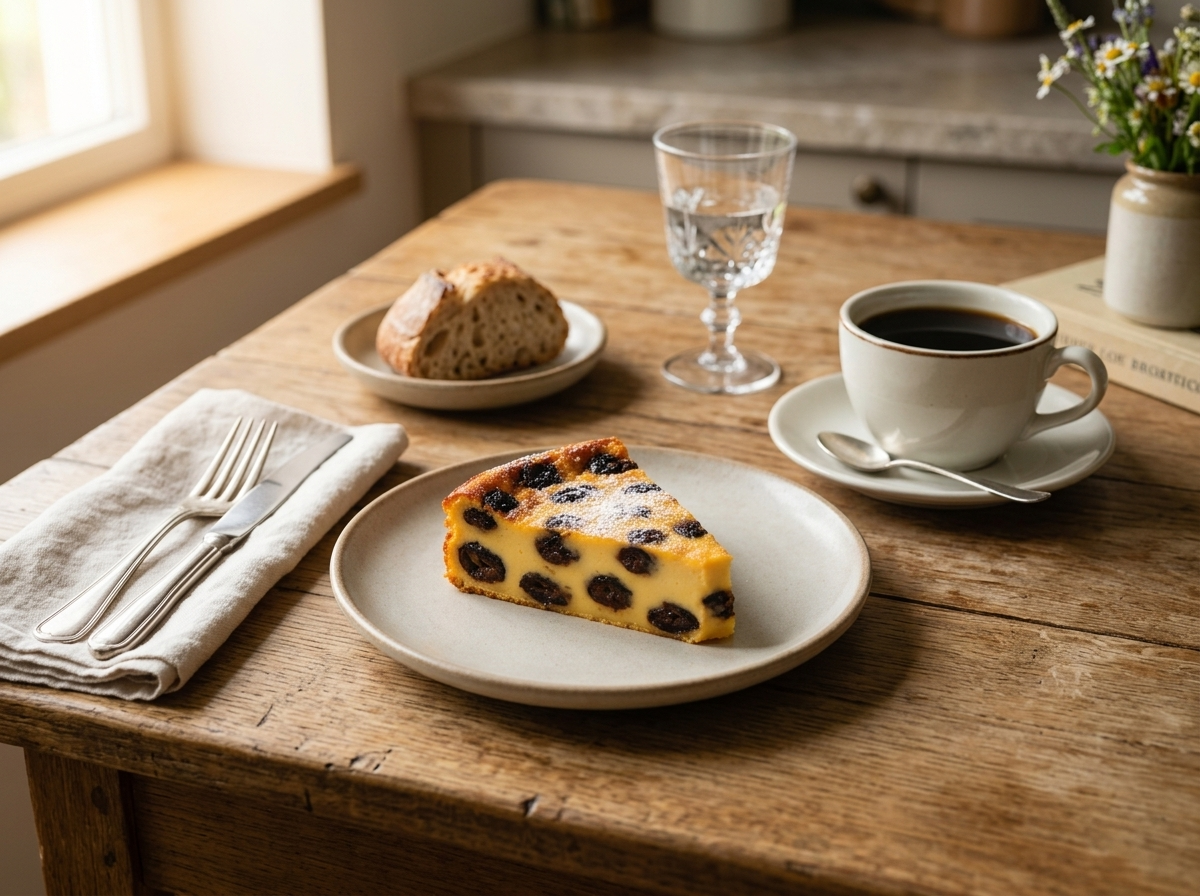 A slice of far breton on a linen napkin next to a cup of coffee at a farmhouse kitchen table in morning light