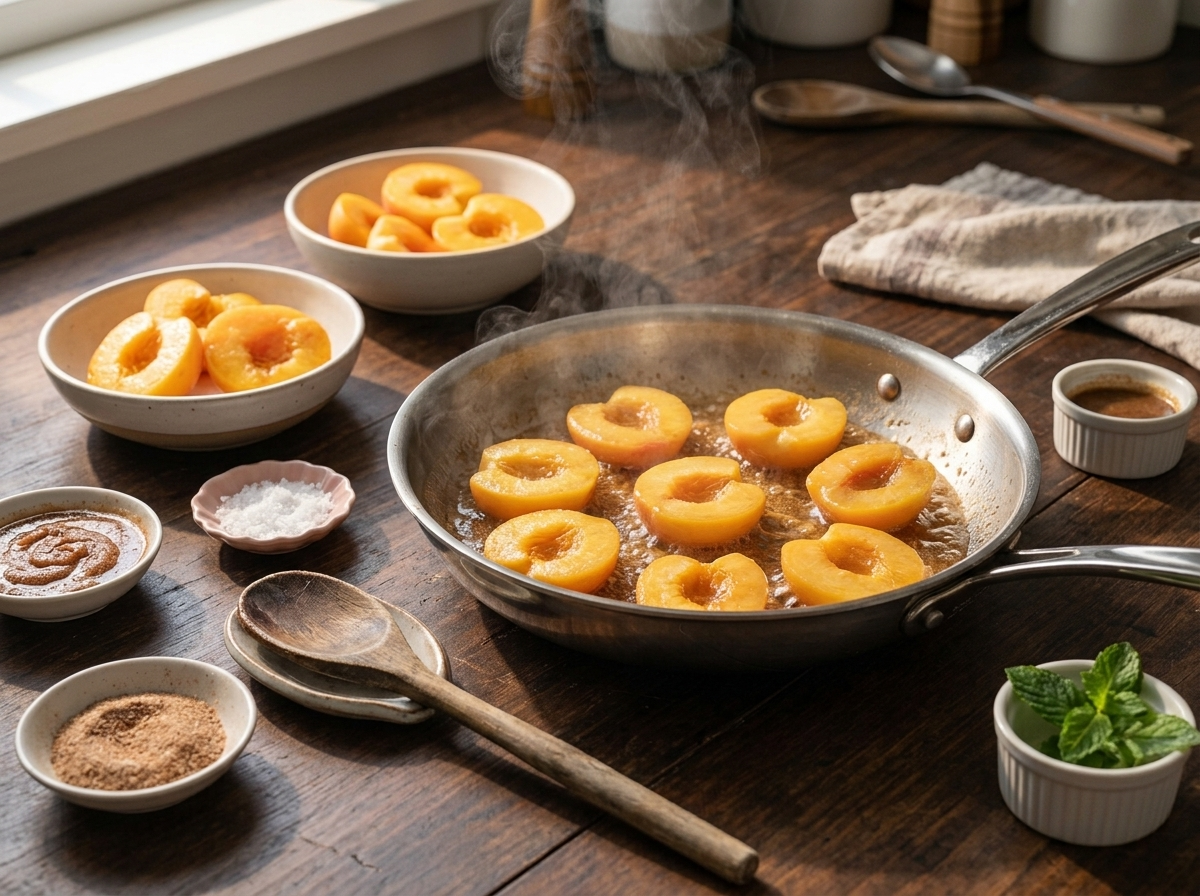 Peach halves sizzling cut-side down in a skillet of bubbling butter and brown sugar caramel