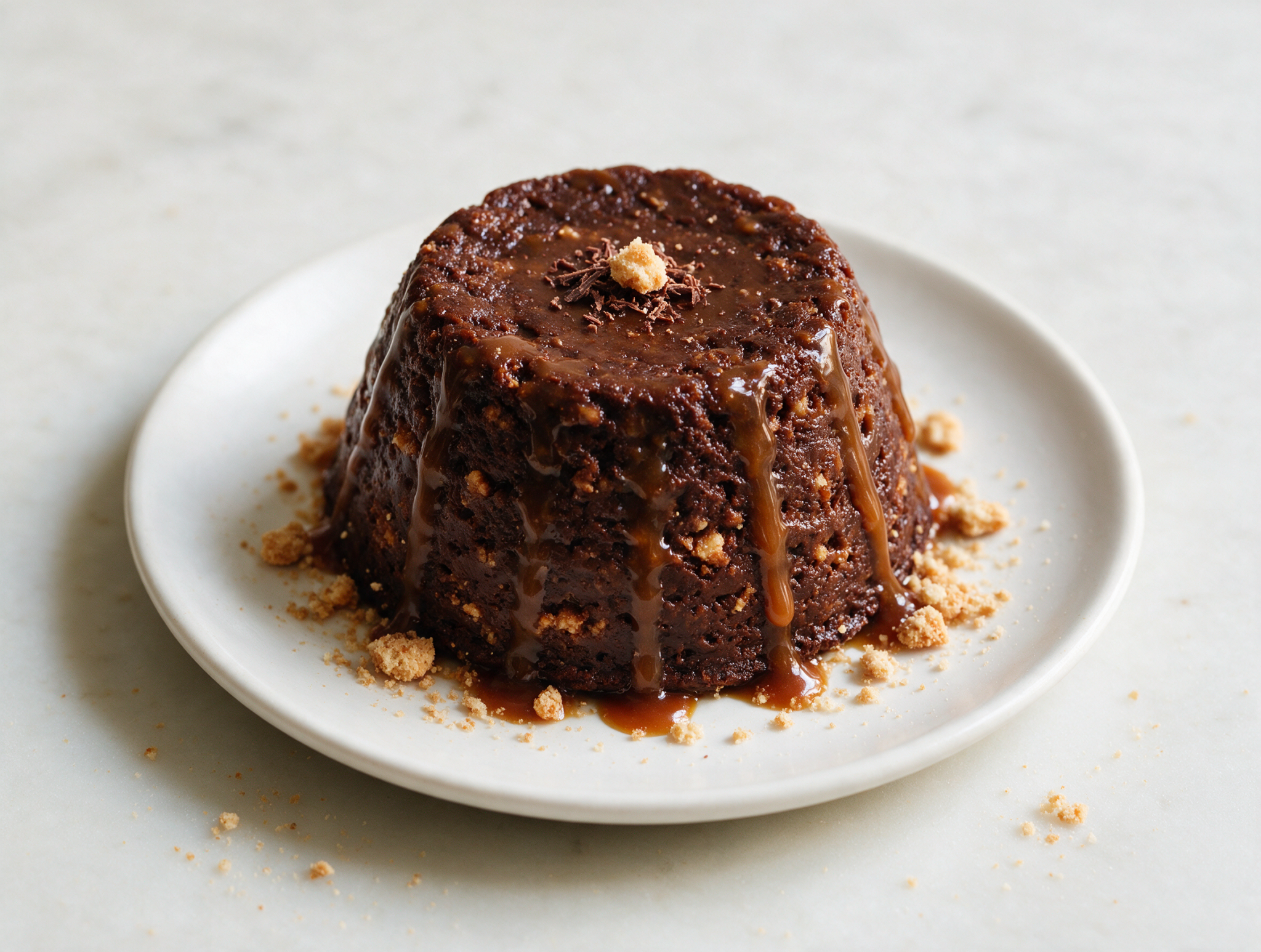Unmolded bonet piemontese on a white plate with caramel pooling around the base and amaretti crumbs on the marble surface