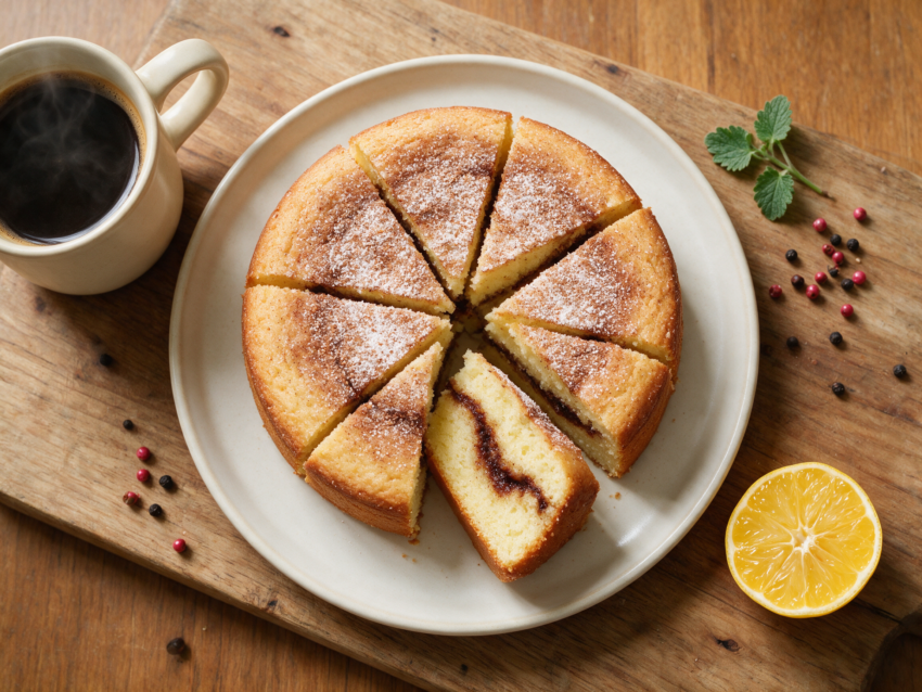 Sliced cinnamon yogurt cake on a wooden board showing the cinnamon swirl inside, dusted top, coffee mug beside it