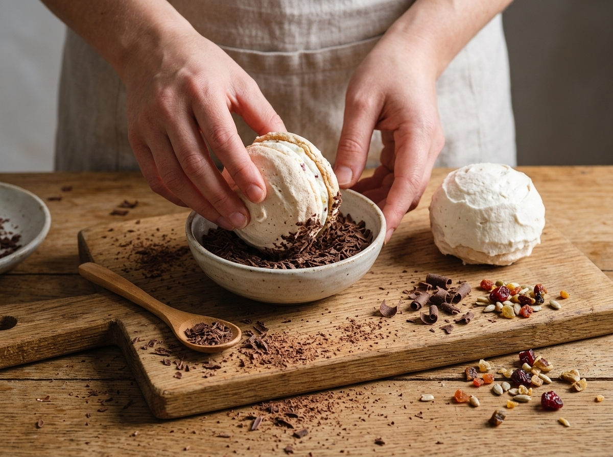 Hands rolling a cream-coated meringue sandwich through a bowl of grated dark chocolate shavings on a wood counter.