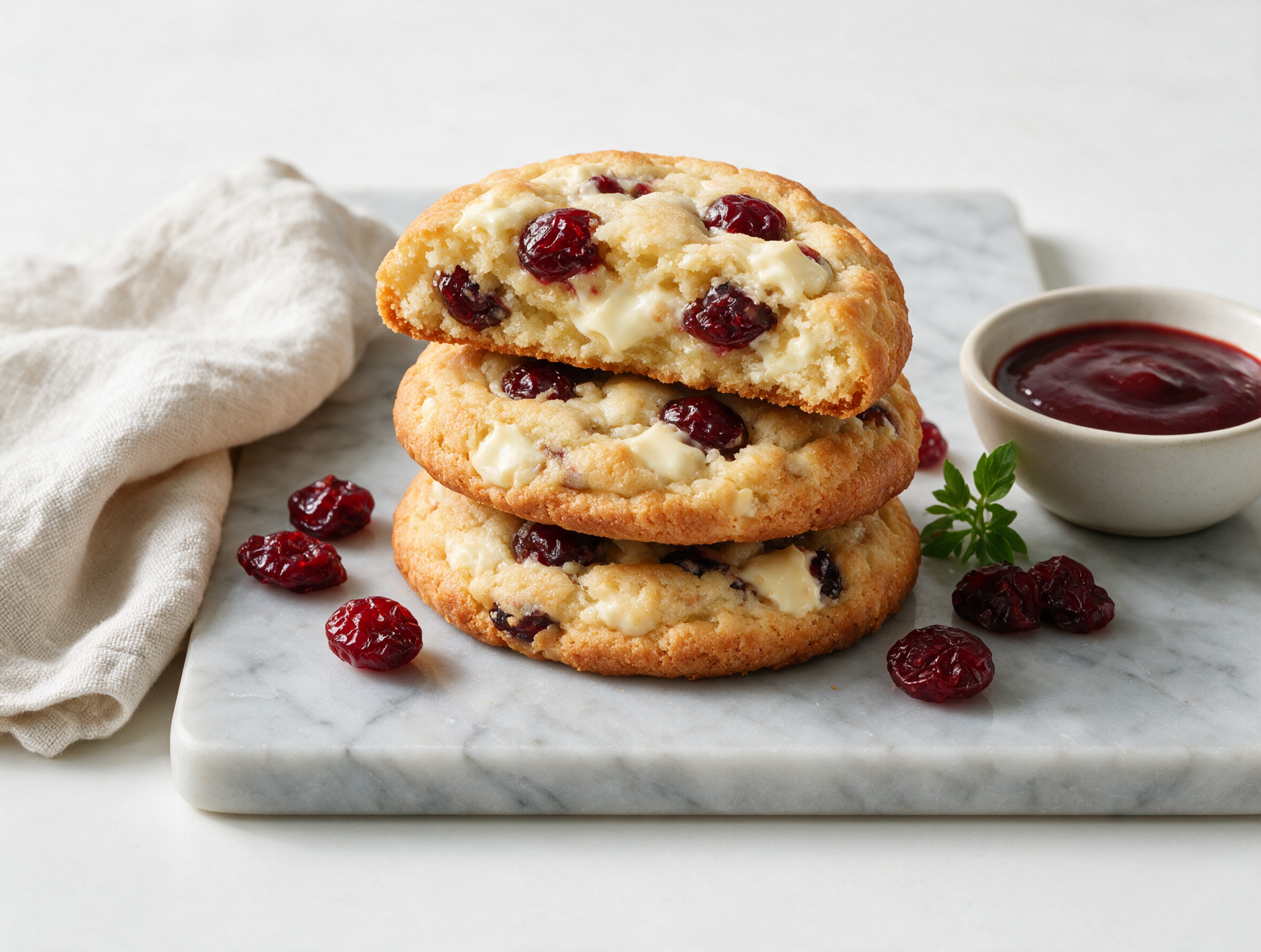 Stack of thick bakery style cherry cookies on a marble board showing gooey white chocolate and dried cherry pieces.