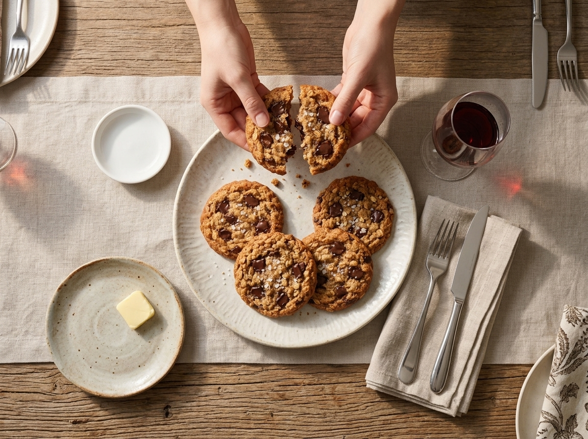 Hands breaking open a warm oatmeal cookie over a linen napkin beside a glass of milk on a wooden table
