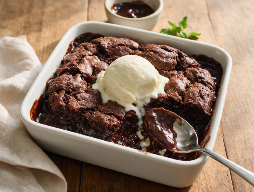 Overhead shot of small batch chocolate cobbler in a white baking dish with a spoon pulling up glossy fudge sauce.