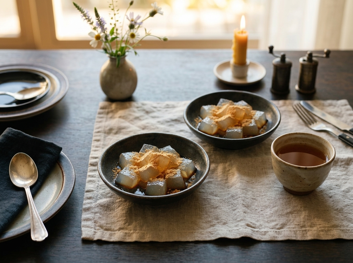 Two small bowls of chilled kuzumochi with kinako and kuromitsu beside a cup of hojicha on a linen napkin