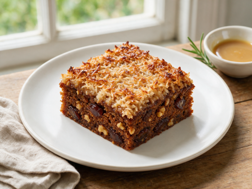 Square slice of Queen Elizabeth cake on a white plate showing golden broiled coconut topping and moist date crumb
