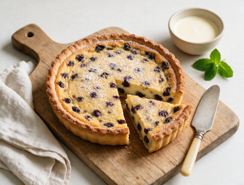 Overhead view of sliced Yorkshire curd tart on a wooden board, nutmeg-flecked custard and currants visible in each wedge
