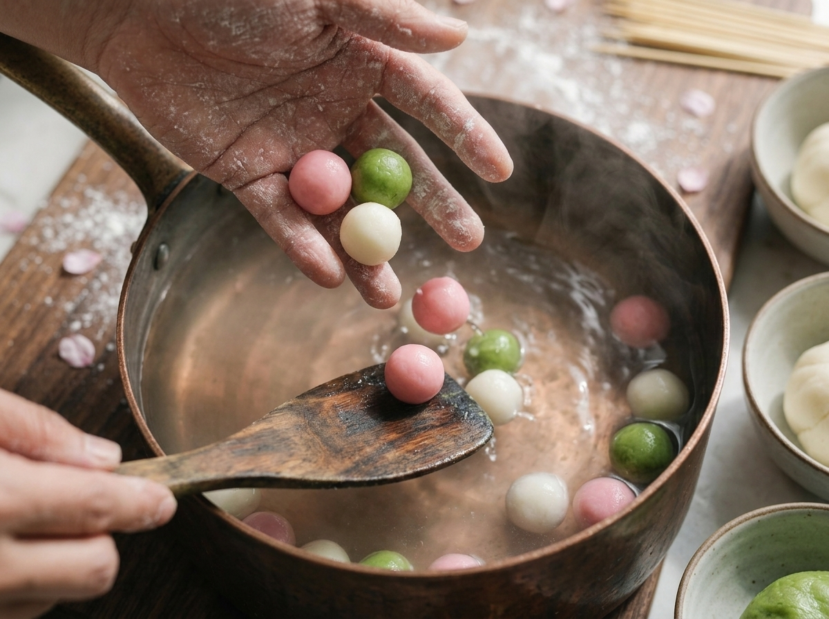 Hands rolling small balls of pink mochi dough on a floured board next to bowls of white and green dough.