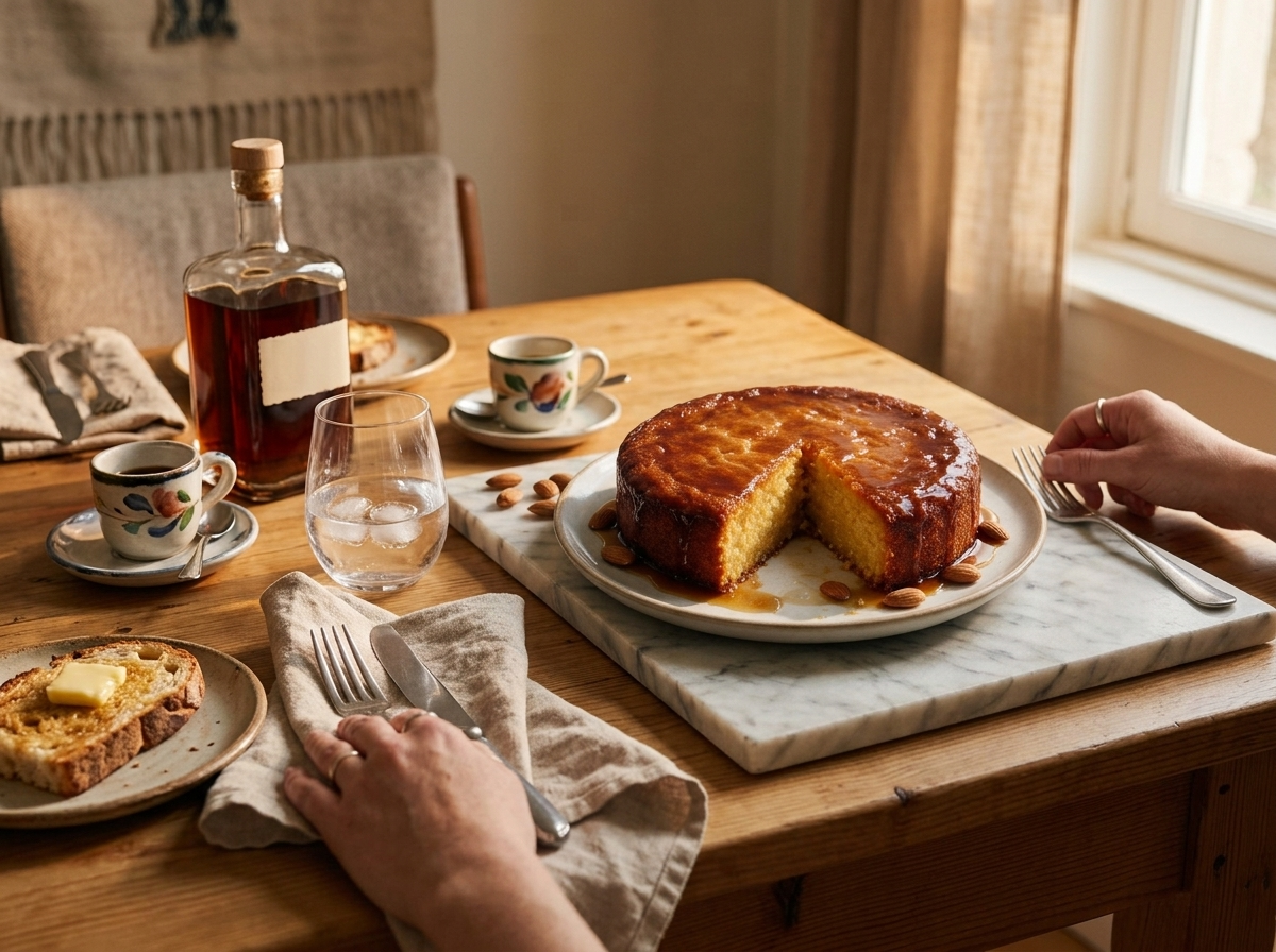 Hands slicing gateau nantais at a wooden table with linen napkin, espresso cups, and a bottle of dark rum