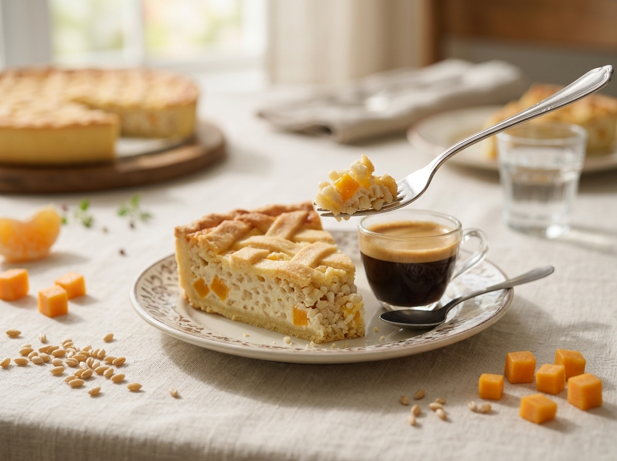 A slice of pastiera napoletana plated beside an espresso cup on a linen-covered table in soft daylight
