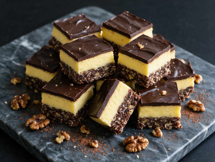 Overhead shot of glossy chocolate-topped Nanaimo bars stacked on a marble board, one bar cut open showing the custard layer