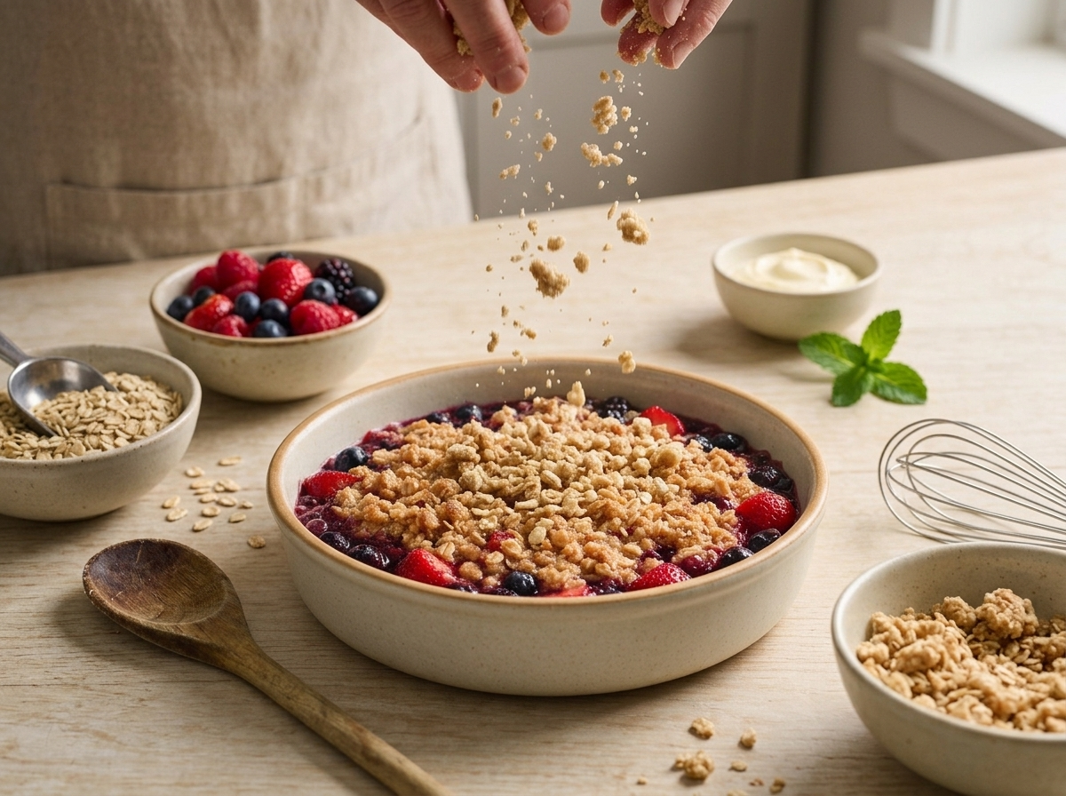 Hands scattering a clumpy oat crumble topping over glossy mixed berries in a ceramic baking dish before it goes in the oven