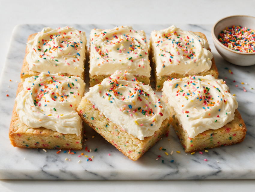 Frosted vanilla sprinkle sugar bars cut into squares on a marble board with rainbow jimmies scattered on top.
