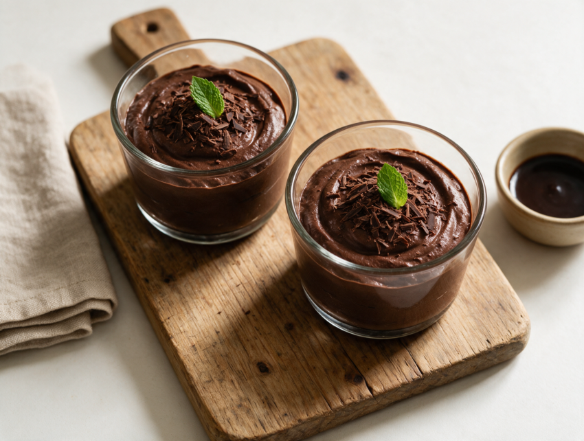 Two glass ramekins of dark chocolate mousse topped with shaved chocolate and a mint leaf on a rustic wood board.