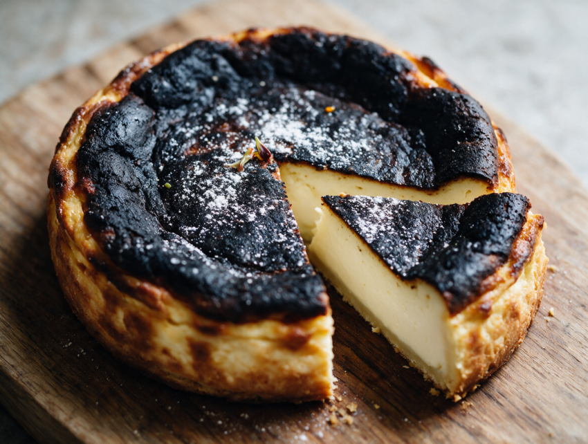 Overhead shot of a sliced tourteau fromager showing its blackened top and pale golden custard layers on a wooden board.