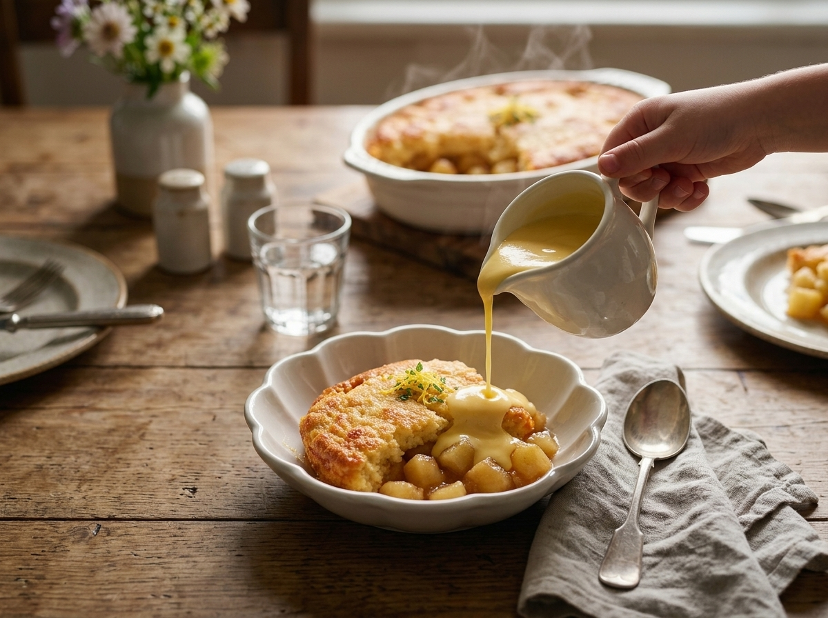 Bowl of warm Eve's pudding with custard being poured over the top at a wooden table, linen napkin beside a spoon