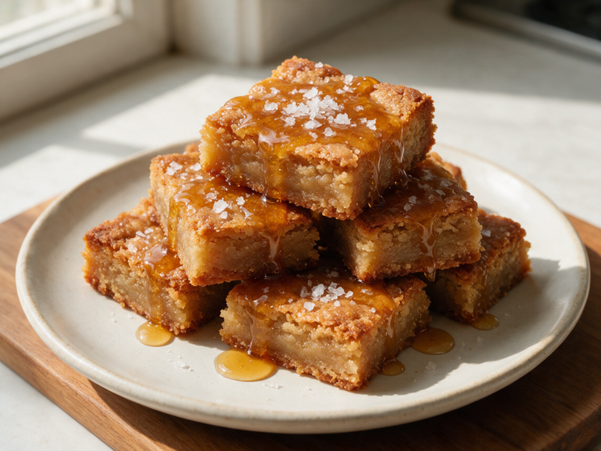 Stacked salted honey cookie bars on a wooden board, honey drizzle glinting under flaky sea salt crystals.
