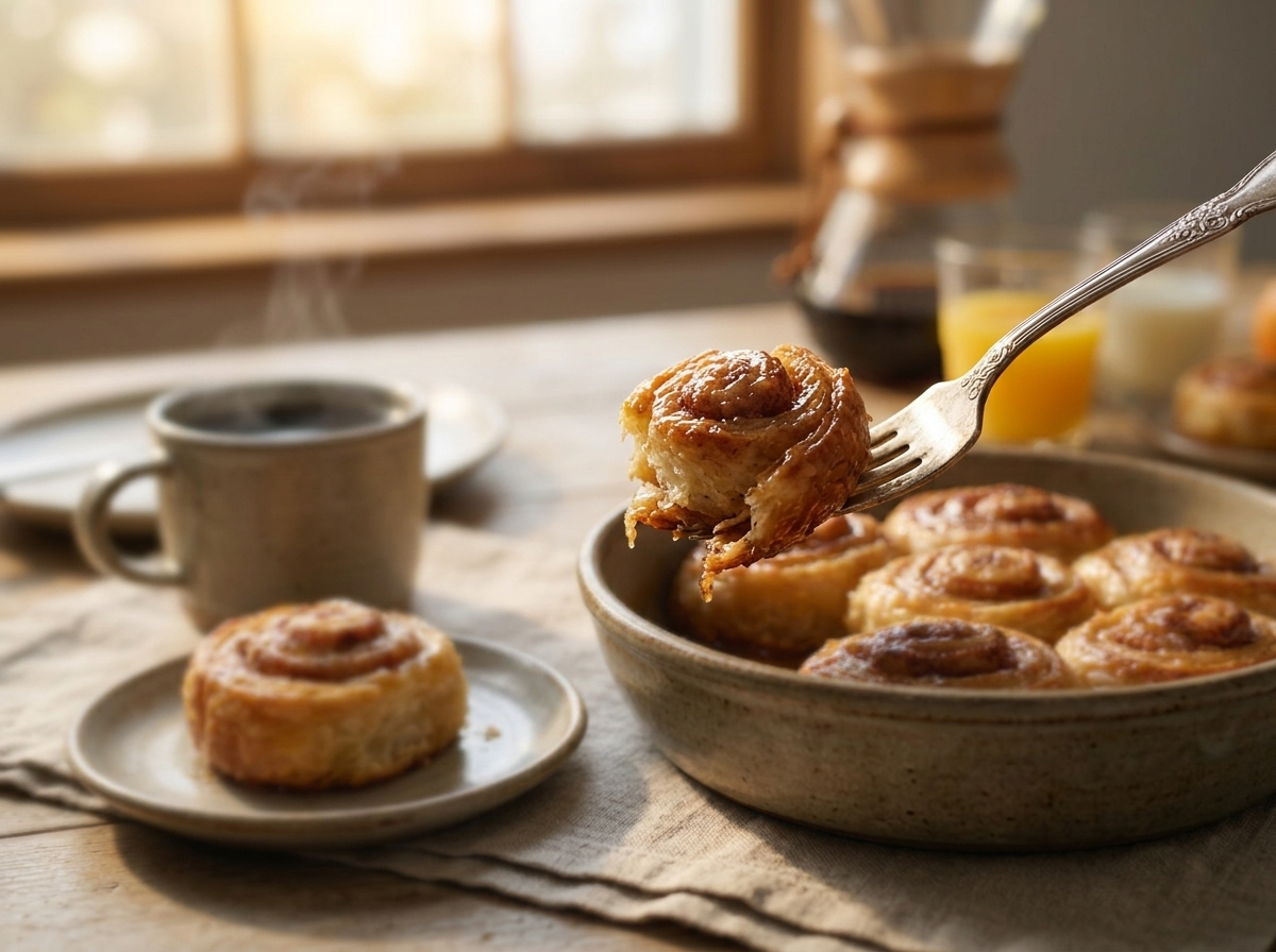 A small plate of pets de soeur pastries beside a mug of coffee on a linen napkin in morning light.