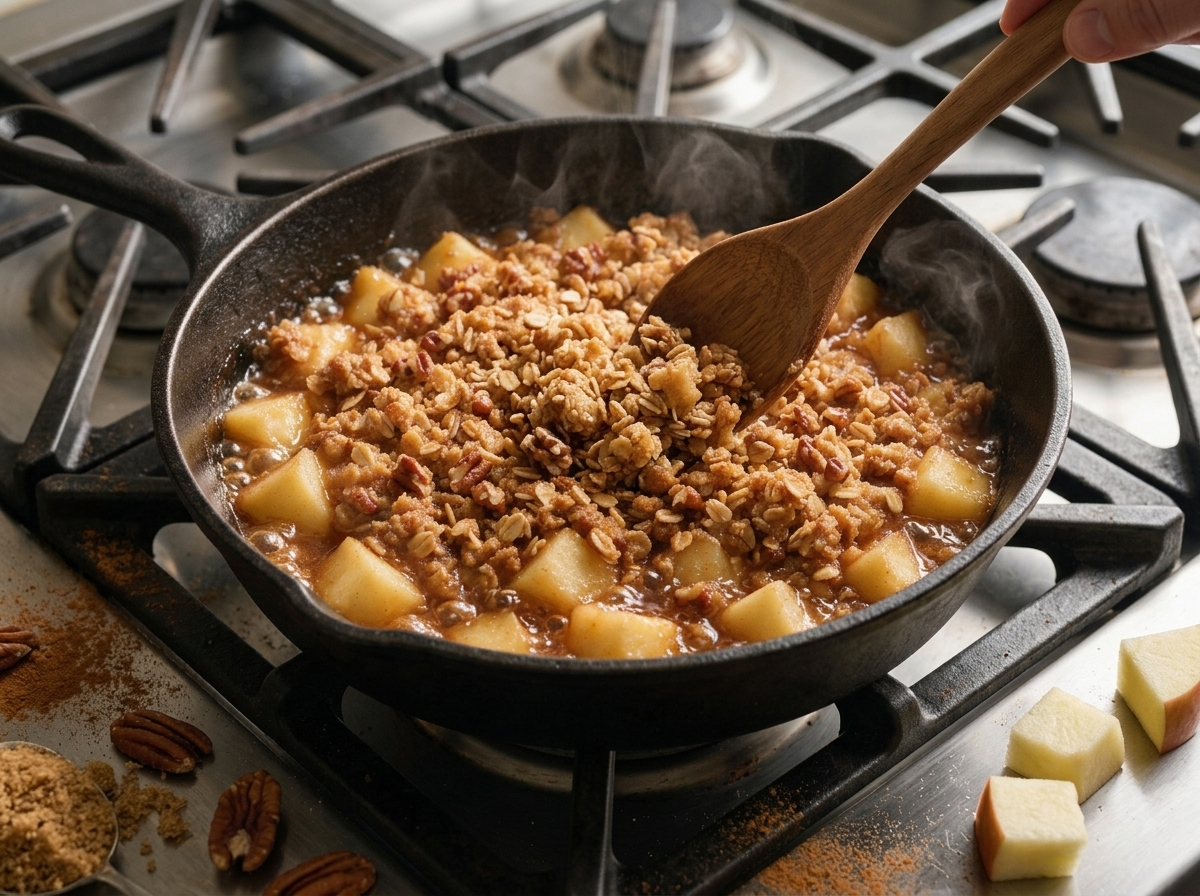 Wooden spoon stirring toasted oats and brown sugar into golden clumps in a buttered skillet on the stovetop