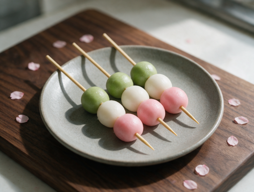 Three bamboo skewers of pink, white, and green hanami dango fanned on a dark wood board under soft window light.