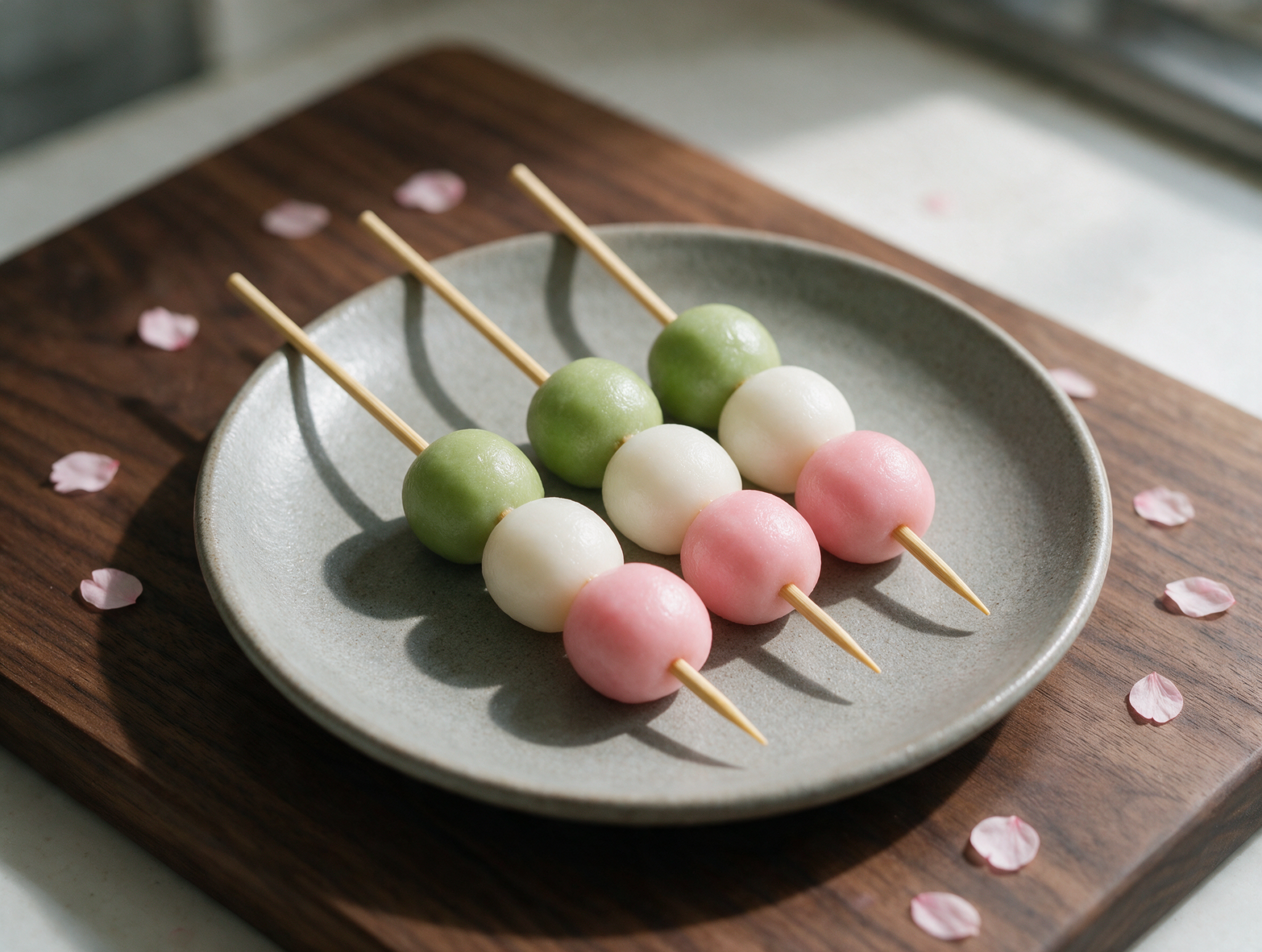 Three bamboo skewers of pink, white, and green hanami dango fanned on a dark wood board under soft window light.