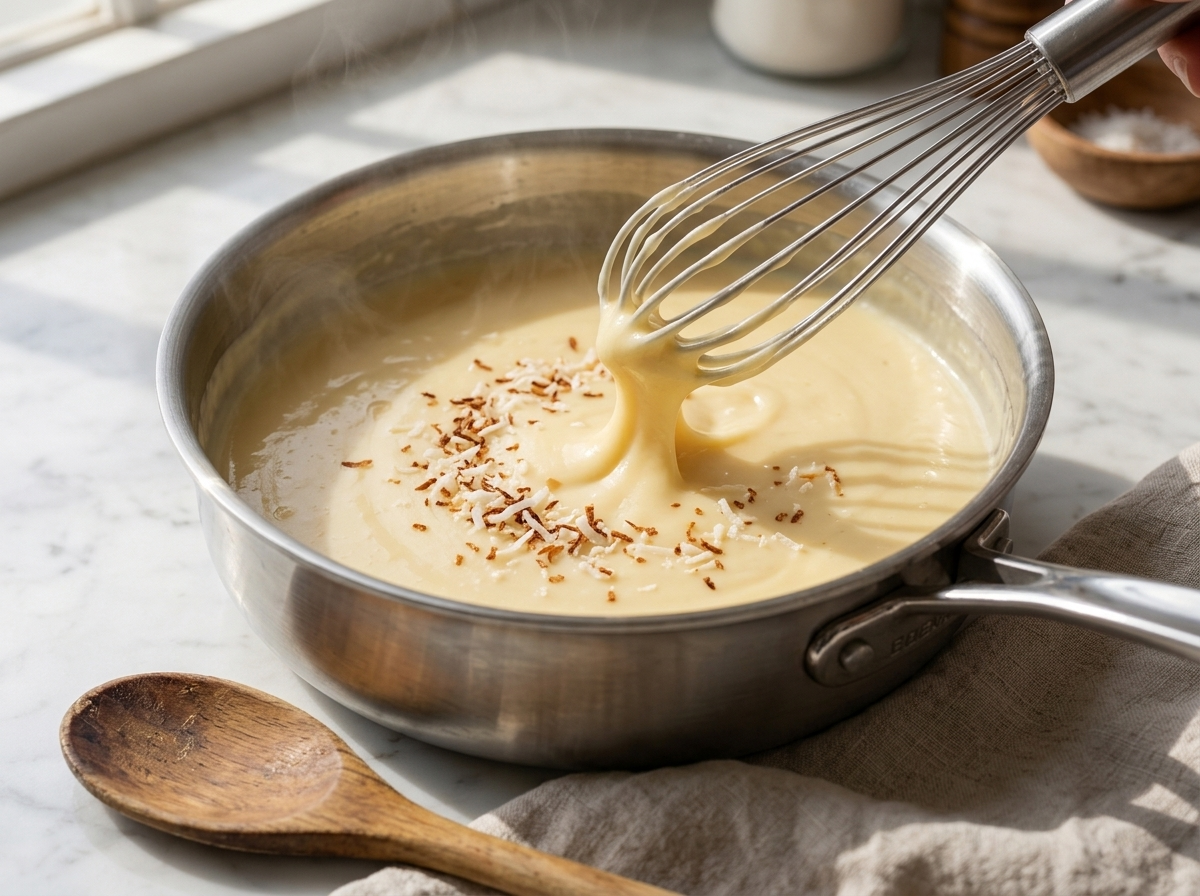 Coconut custard thickening in a saucepan, whisk lifting a pale yellow ribbon as steam rises.