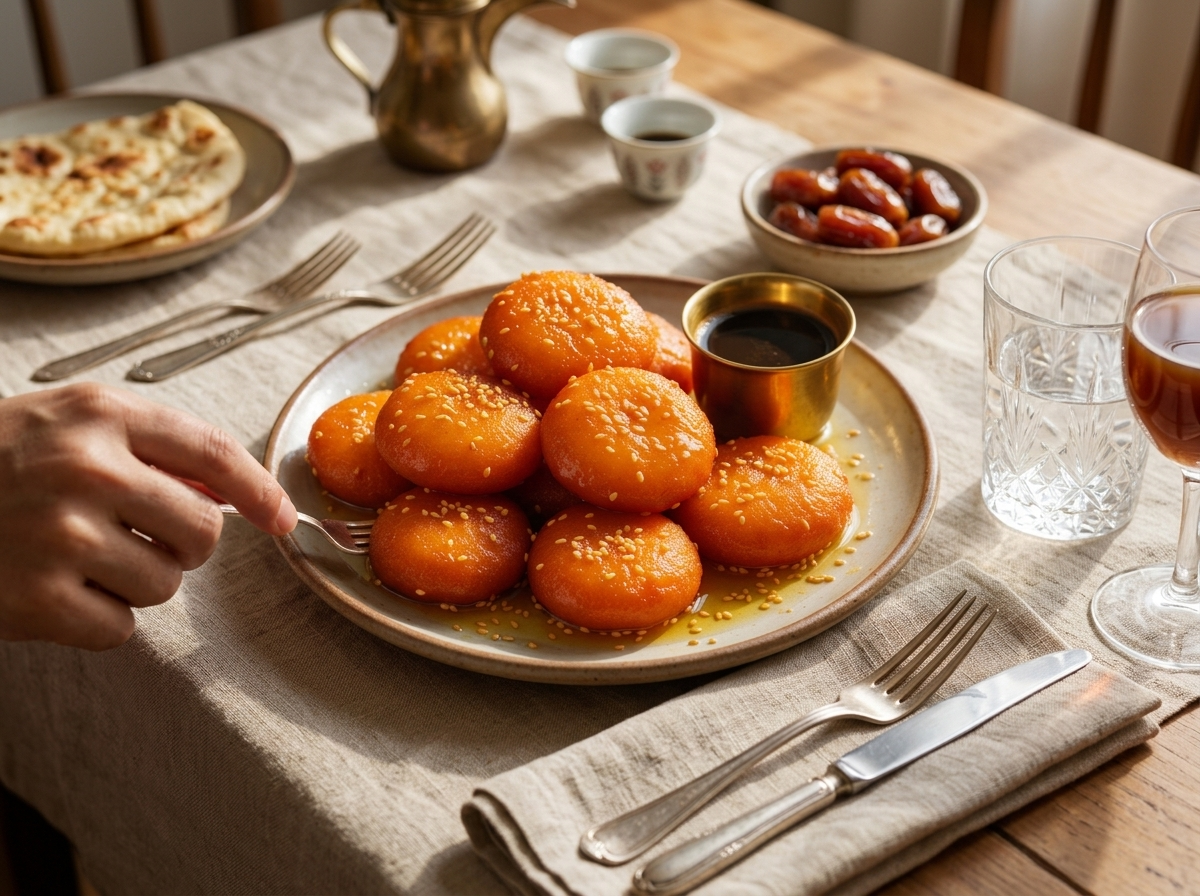 A hand lifting a syrup-coated khanfaroosh cake from a plate next to small cups of Arabic coffee on a linen cloth.