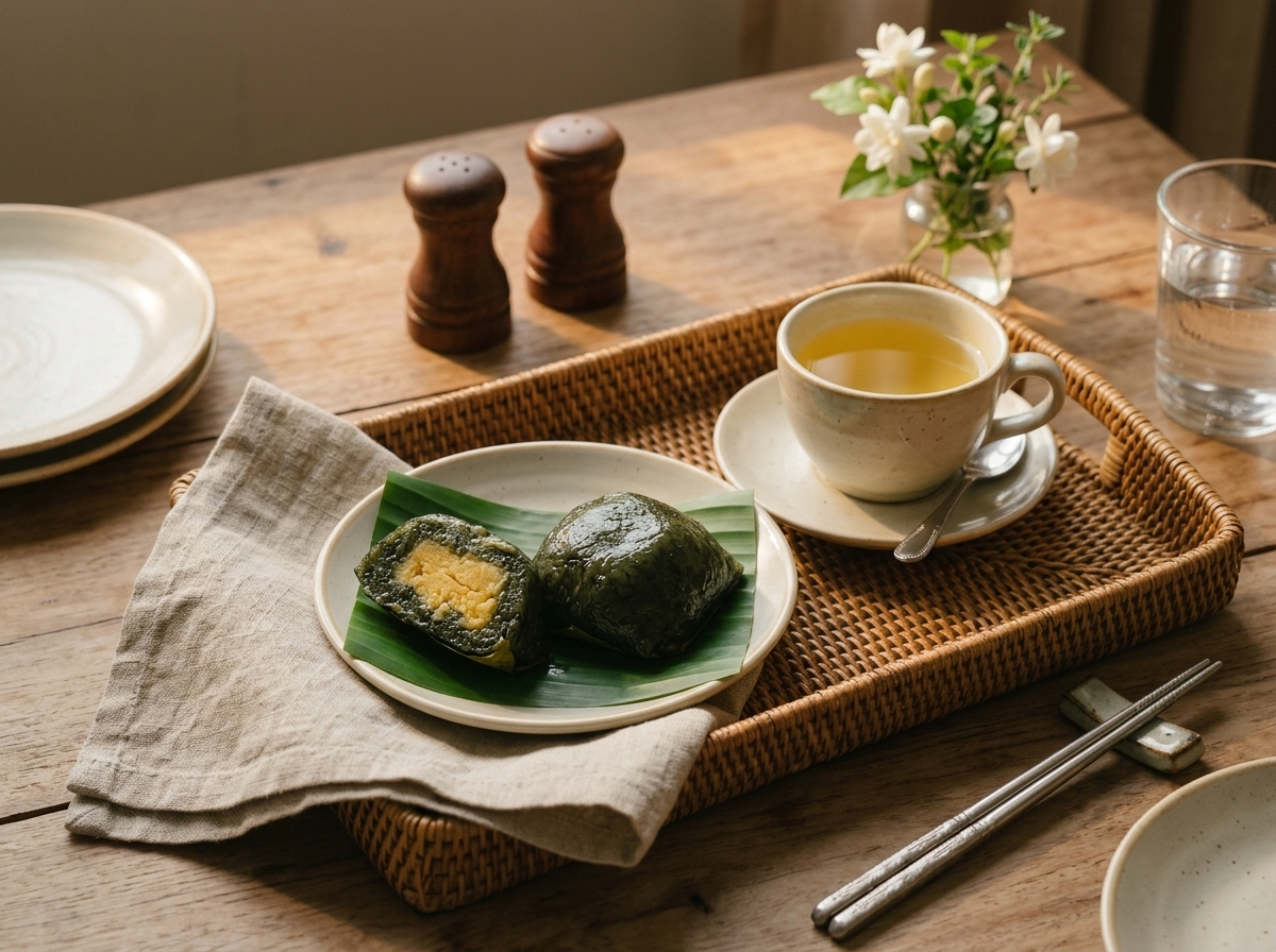 Two bánh ít lá gai cakes on a small plate beside a steaming cup of jasmine tea on a rattan tray