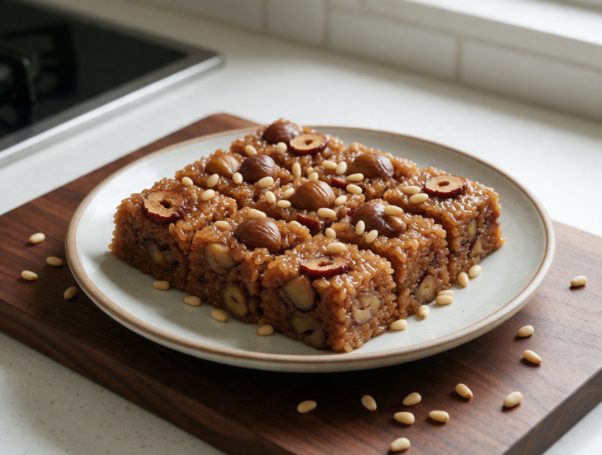 Sliced mahogany-brown yakbap squares on a wooden board with visible chestnut pieces, jujube slices and scattered pine nuts