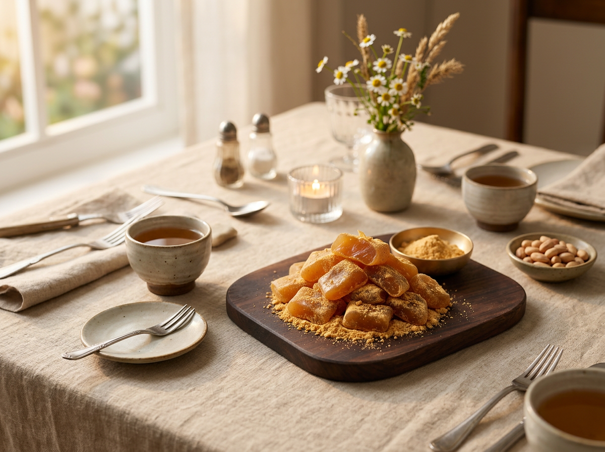 Hands pulling warm golden taffy into a soft loop above a linen-lined table set with tea cups and roasted nuts