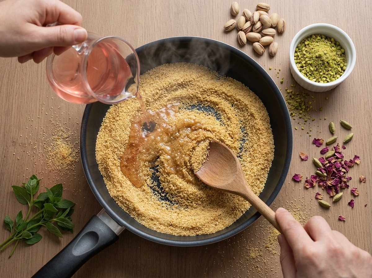 Cook stirring toasted golden semolina in a skillet while pouring in rosewater syrup, steam rising off the pan
