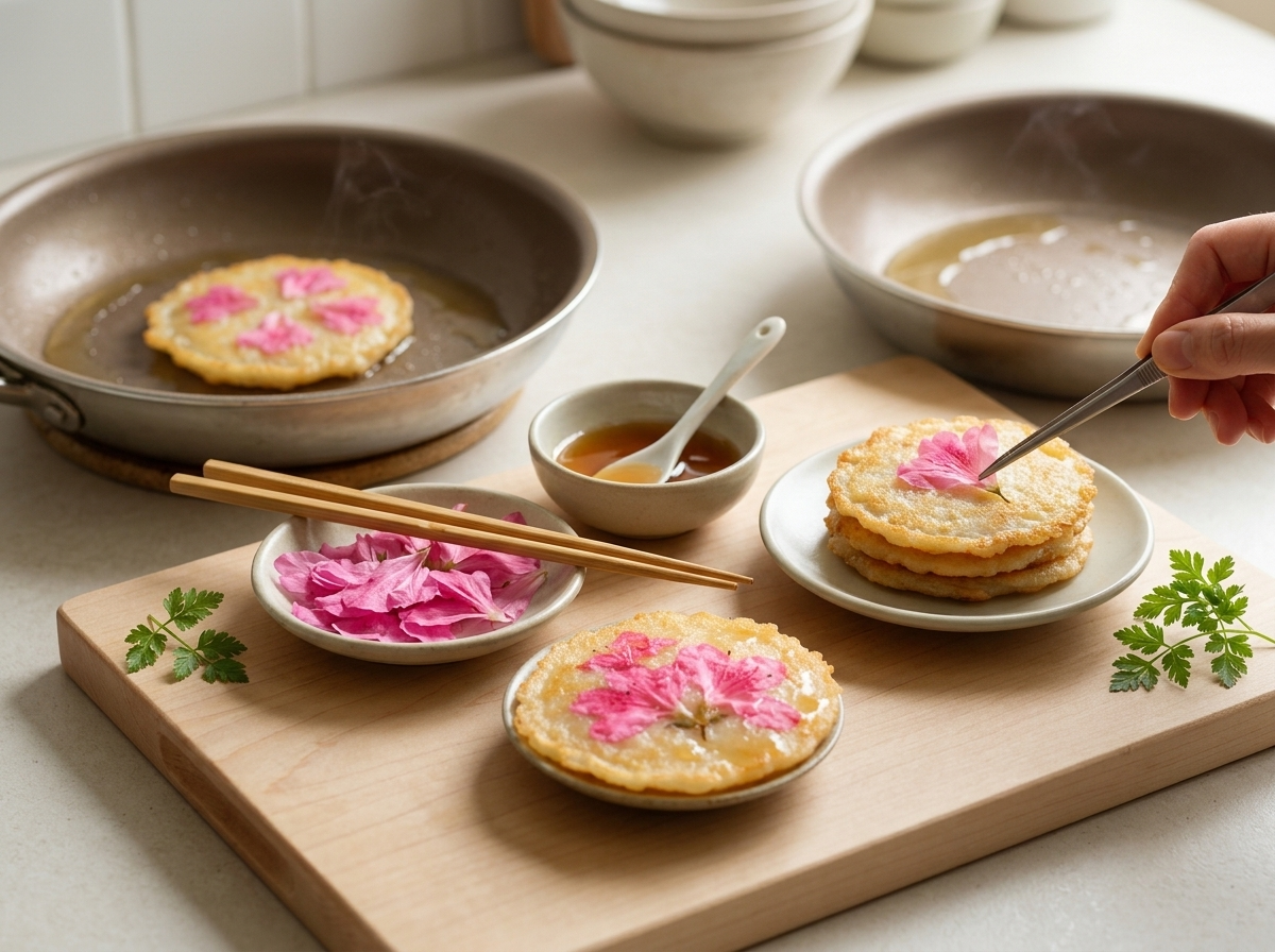 Cook pressing pink azalea petals onto a just-flipped rice flour pancake in a nonstick skillet